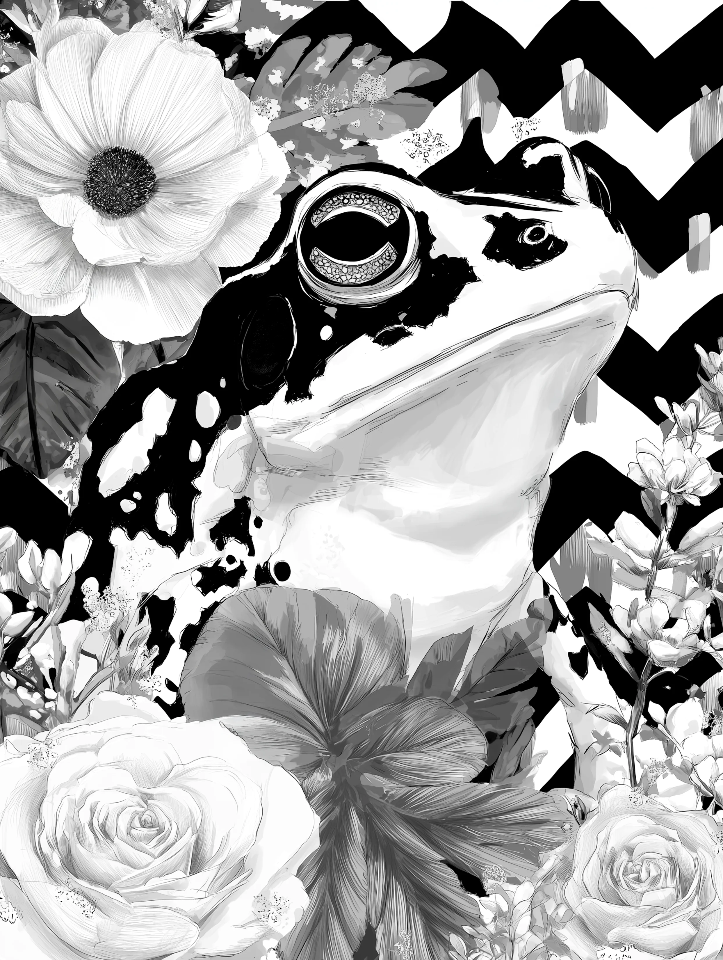 Free printable frog coloring page for adults featuring zigzag background floral frog